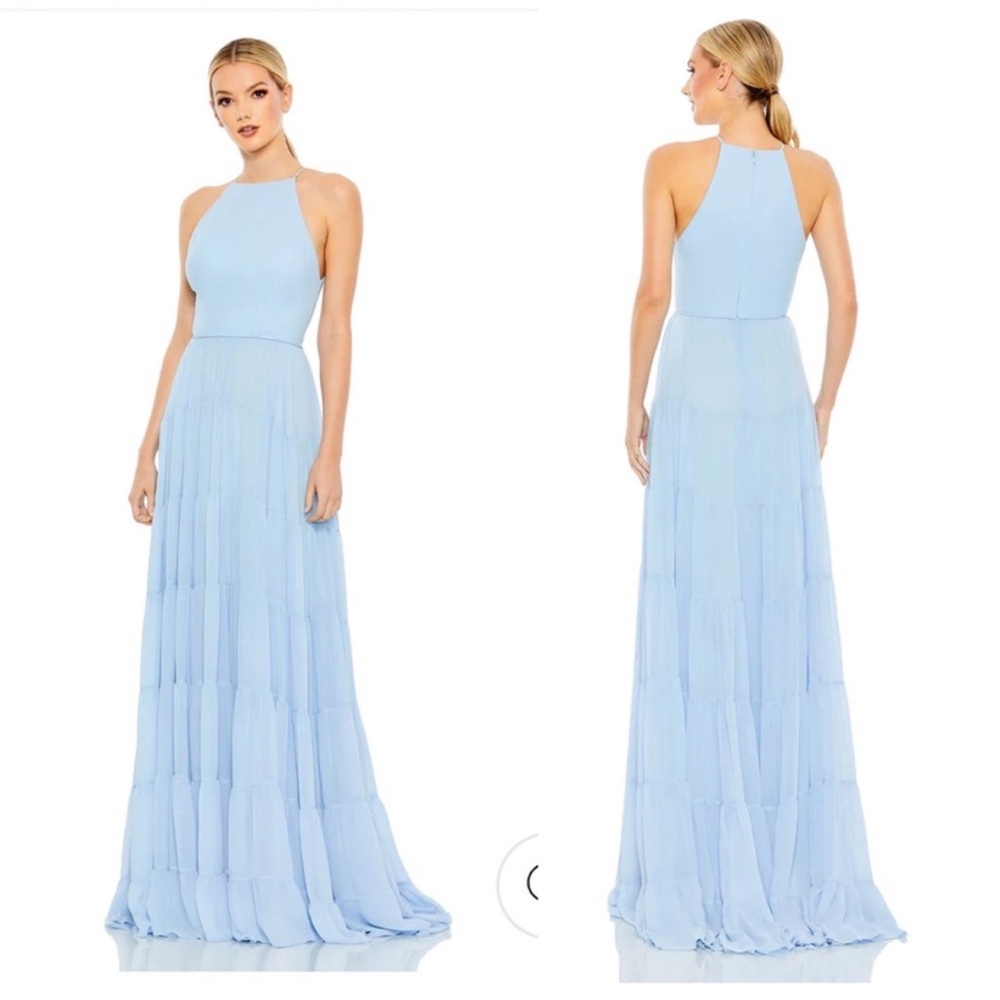 Mac Duggal Light Blue Halter Maxi Dress